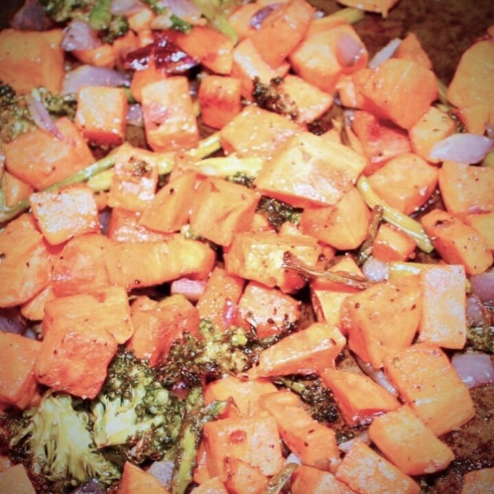 Roasted Sweet Potatoes, Onion, Broccoli and Asparagus