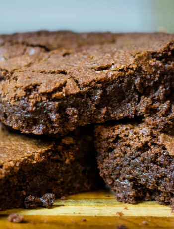 close up stack of 3 brownies