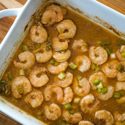 Spicy BBQ Shrimp in a baking dish