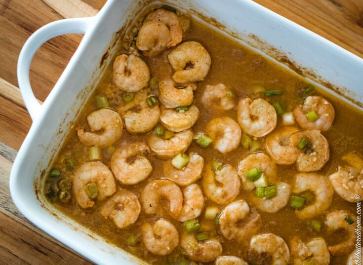 Spicy BBQ Shrimp in a baking dish