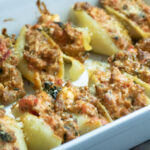 pan of sausage and spinach stuffed shells