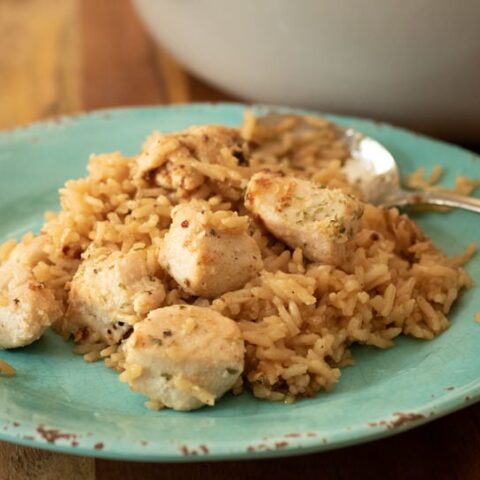 close up of skillet chicken and rice on a blue plate with a silver spoon
