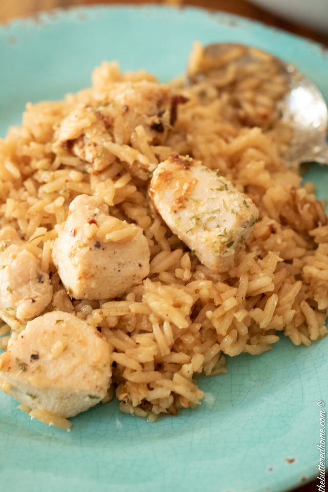 close up of skillet chicken and rice