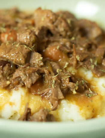 close up of smoother beef tips on bed of mashed potatoes in a green bowl