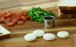 blt bites base, small discs of white bread