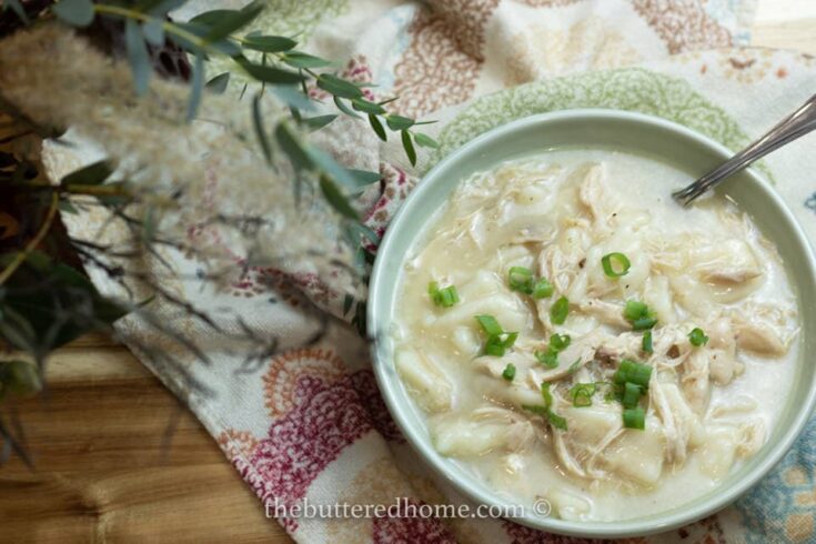 Chicken and dumplings in a green bowl with a silver spoon