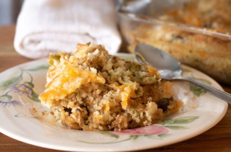 broccoli and brown rice casserole on a floral dish