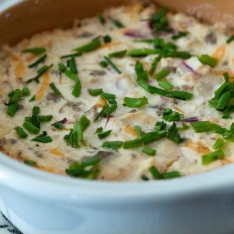 bowl of sausage dip with green onions on top
