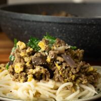 close up of noodles and hamburger skillet