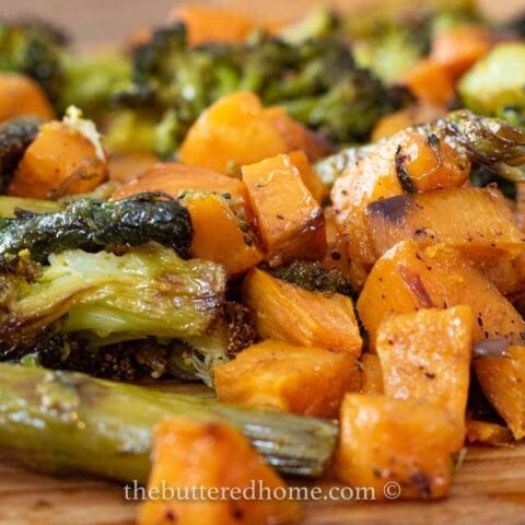 Roasted Sweet Potatoes, Onion, Broccoli and Asparagus