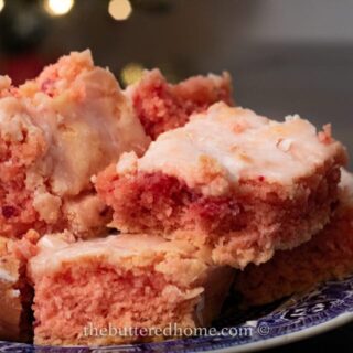 strawberry brownies on a blue plate