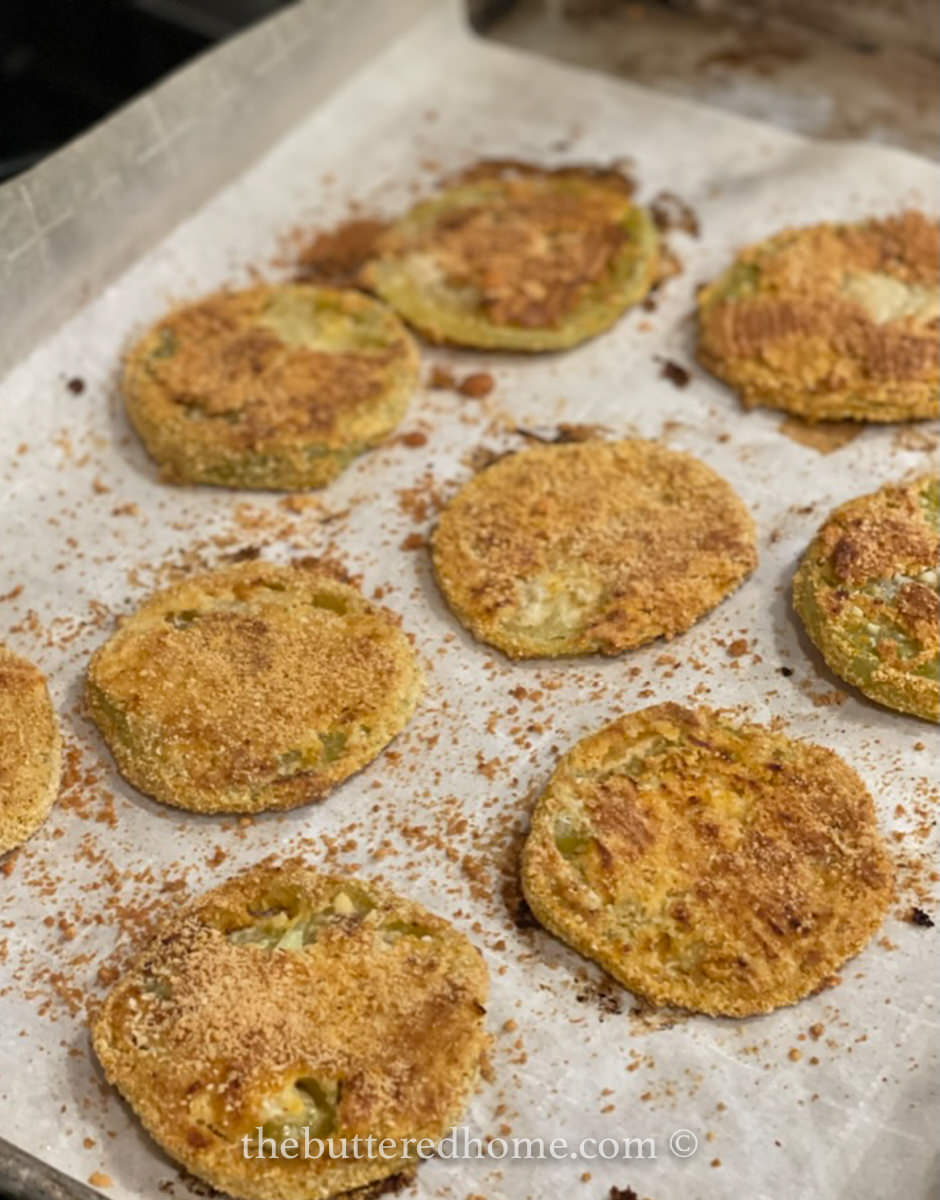 sheet pan with baked fried green tomatoes