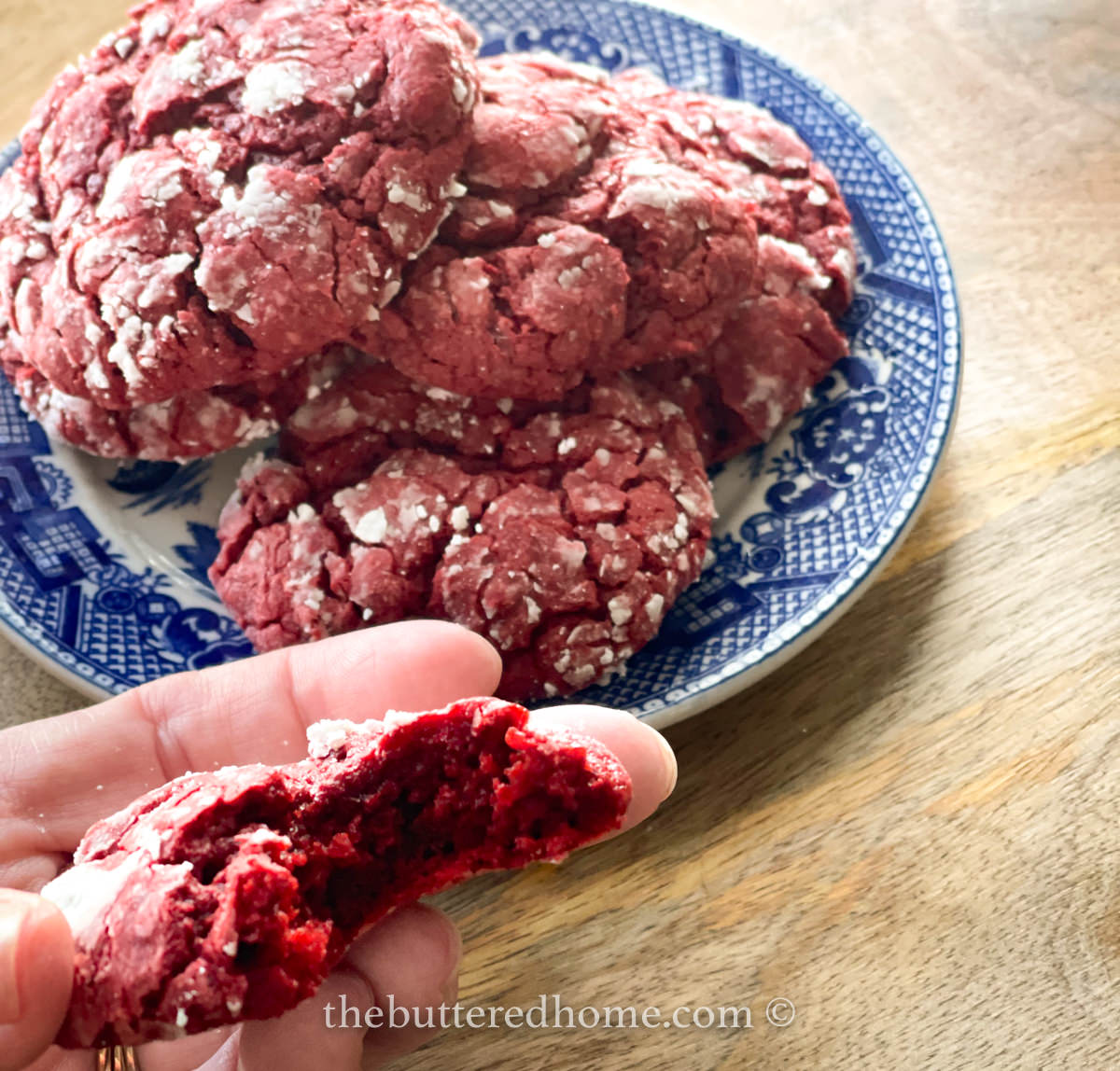 a bite out of a red velvet cookie