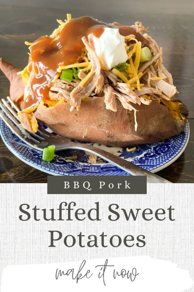 bbq pork stuffed sweet potatoes pin for pinterest