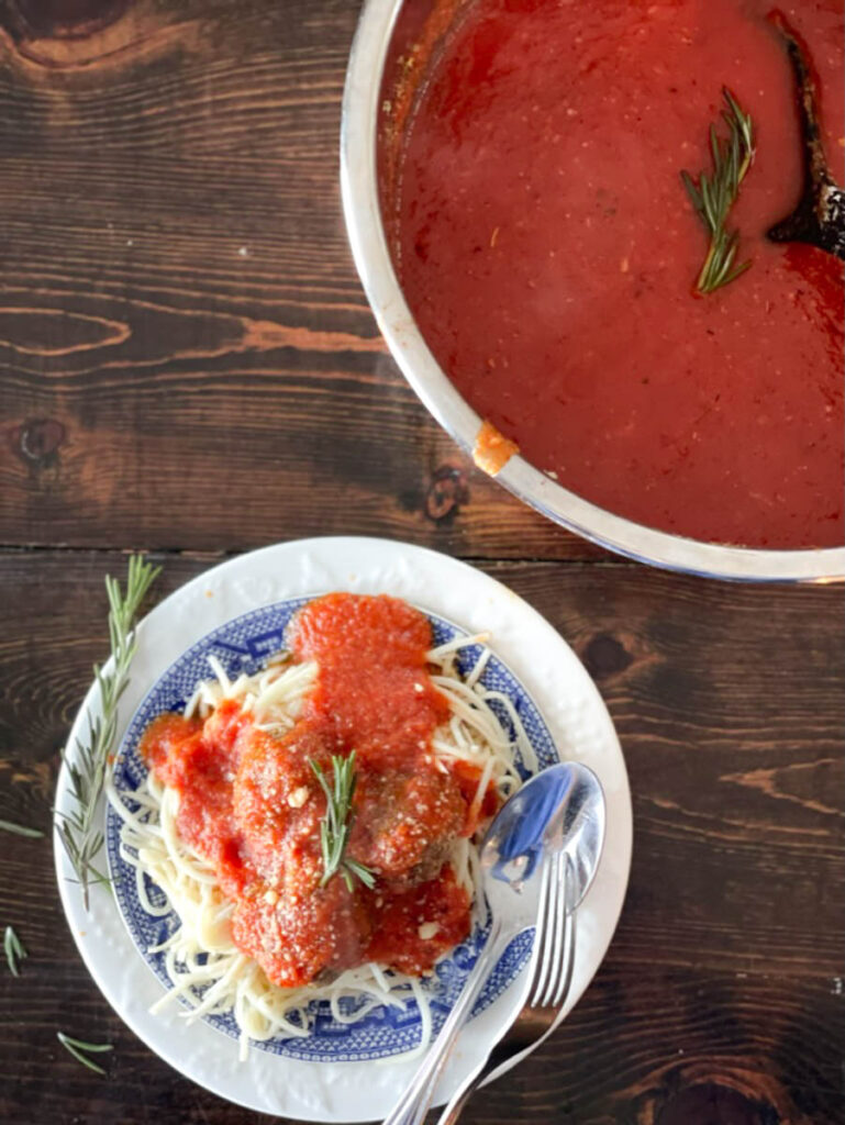 overhead view of pot of marinara and a plate of spaghetti with sauce