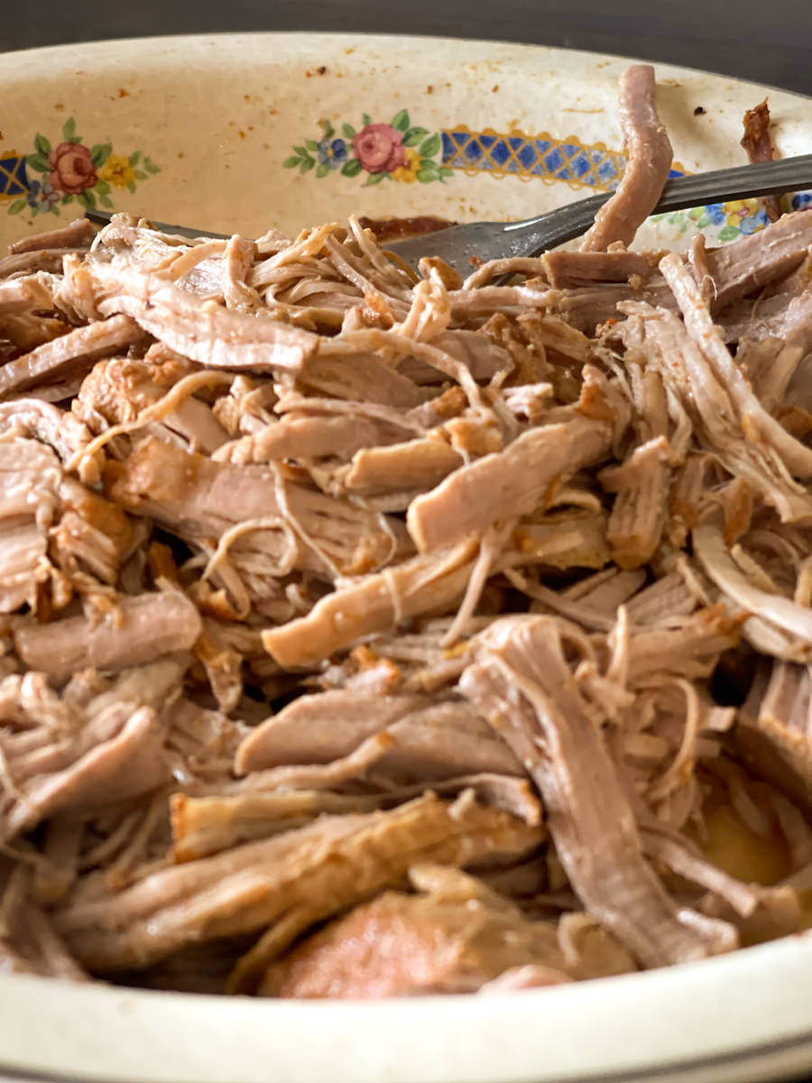 bowl of shredded pork loin