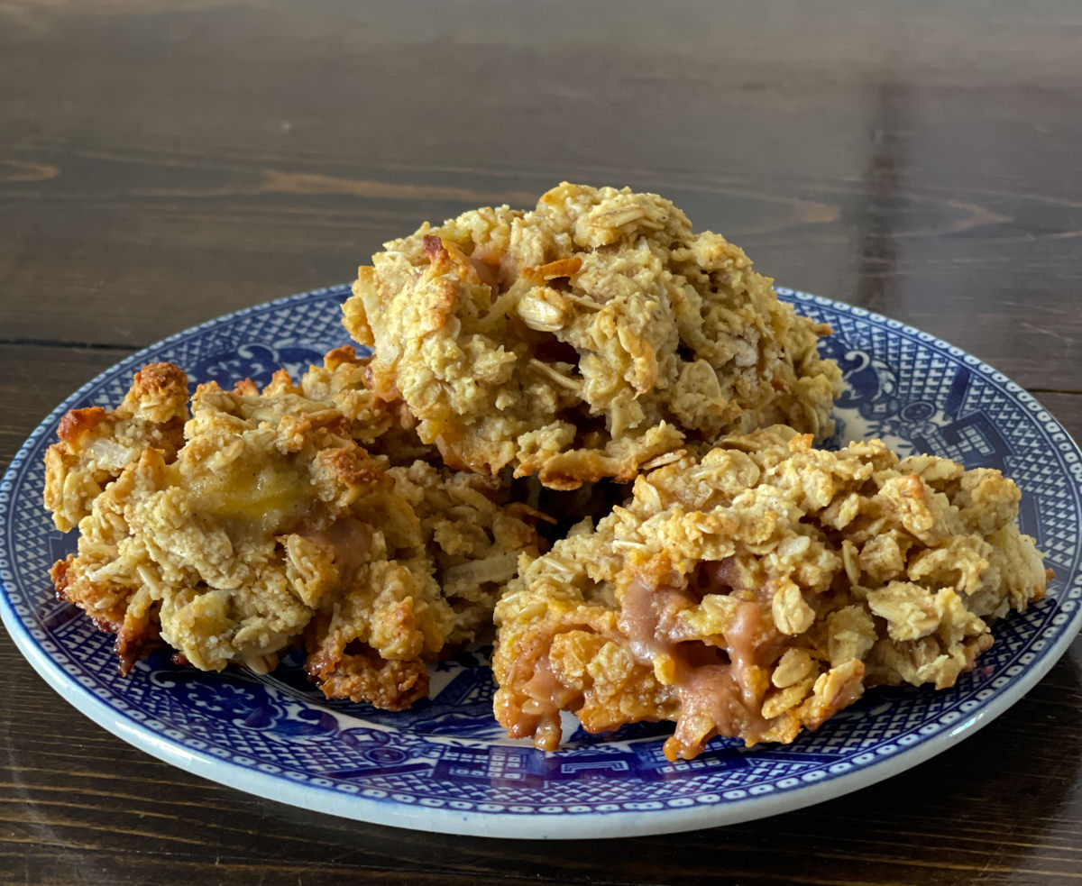 oatmeal and butterscotch cookies on a blue serving plate