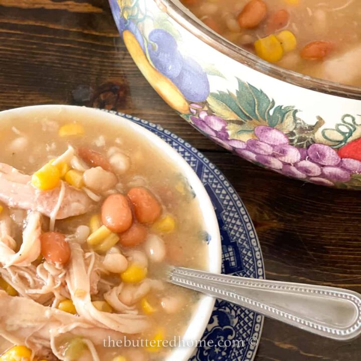 white chicken chili in a floral bowl with a serving dish next to it