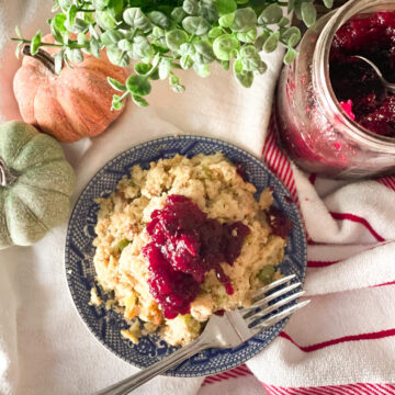 dressing and cranberry sauce with pumpkins around