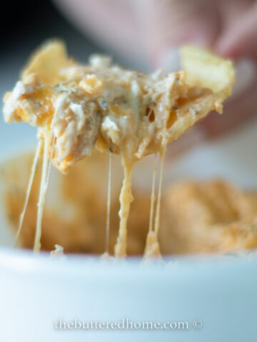 Buffalo chicken dip scoop in a white bowl feature