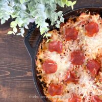 pizza casserole on a wooden table