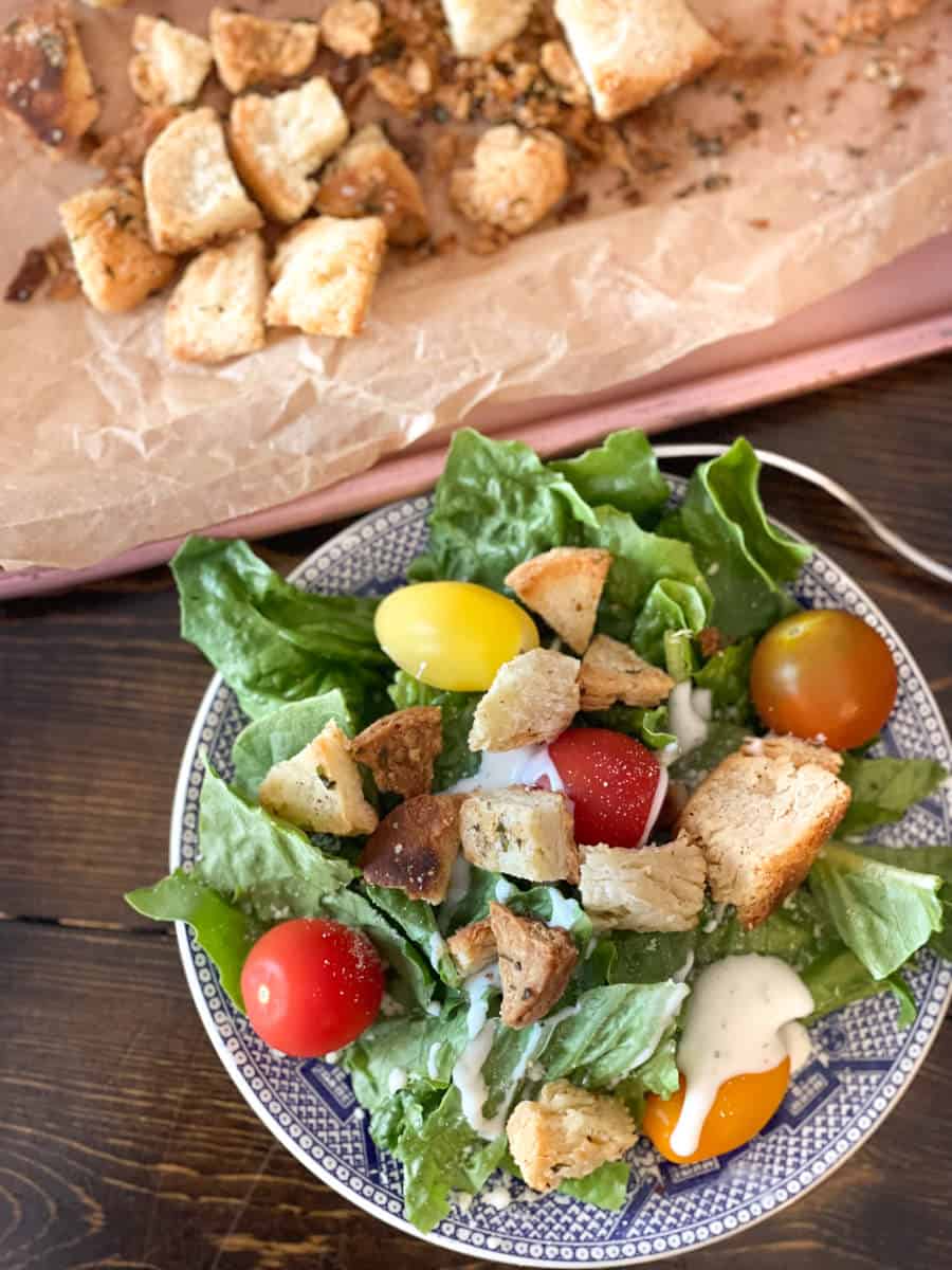 biscuit croutons dressing up a salad.