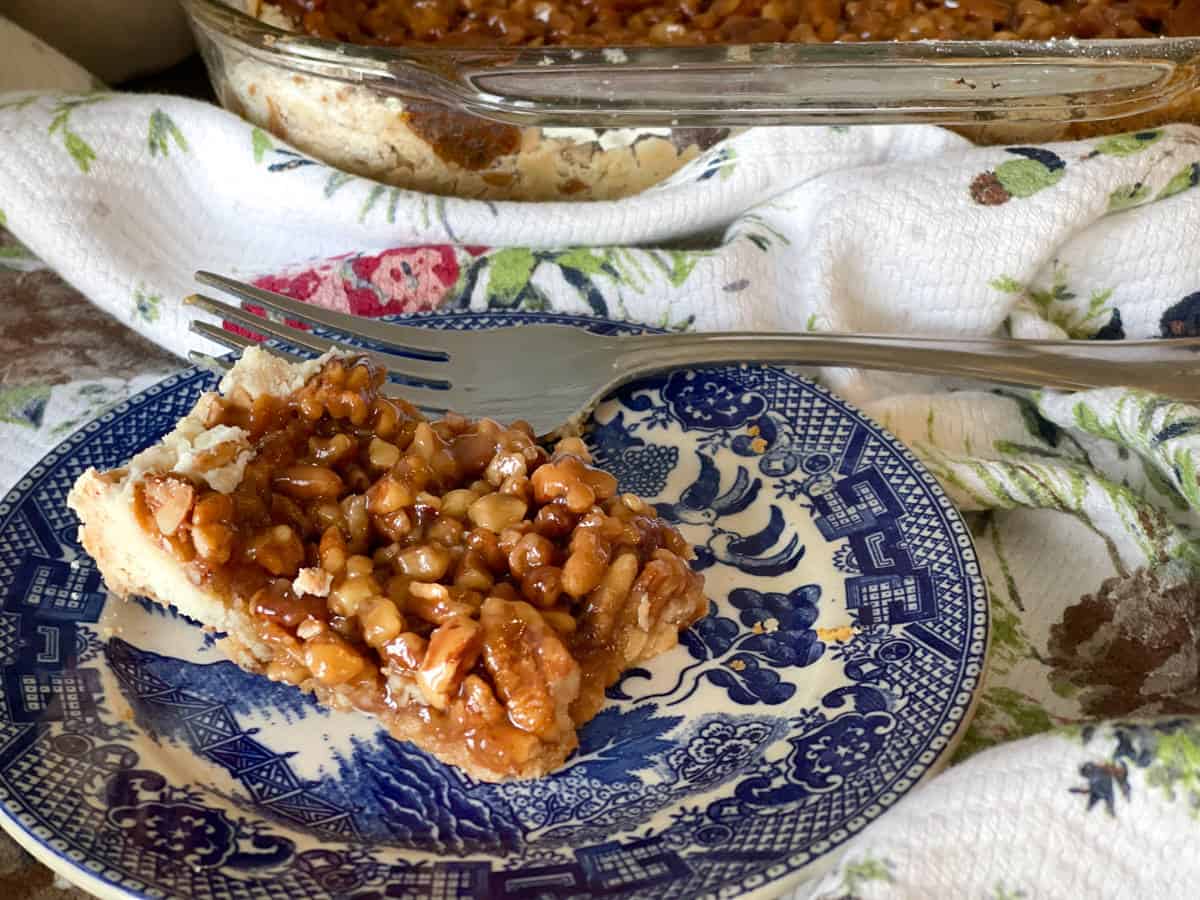 a pecan square on a blue and white plate.