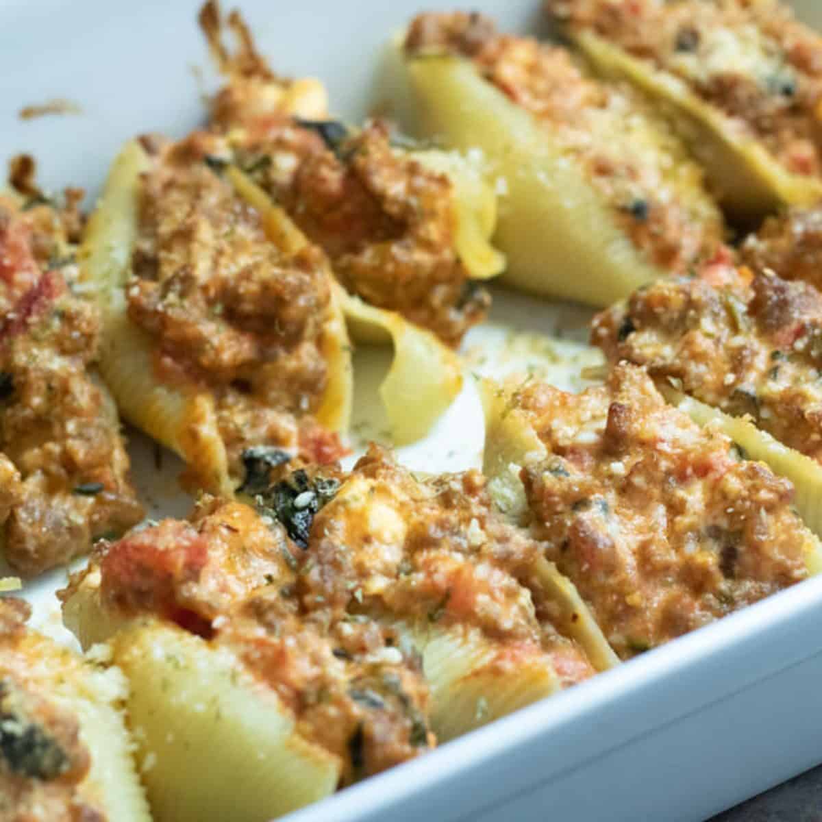 Baked sausage stuffed shells feature