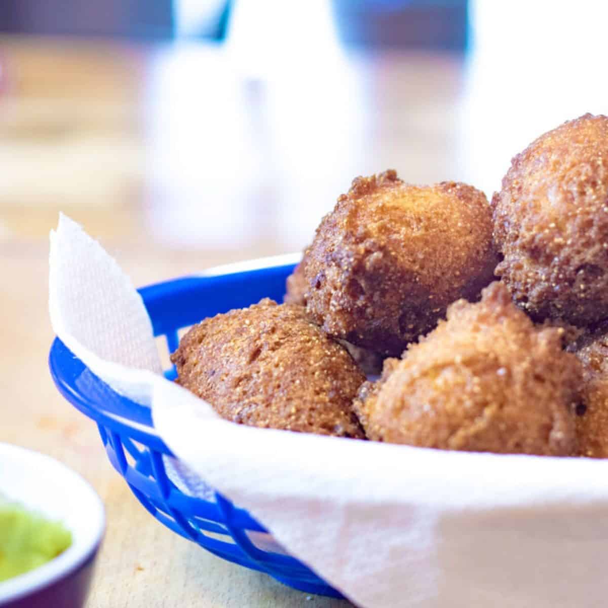 hush puppies in a blue basket
