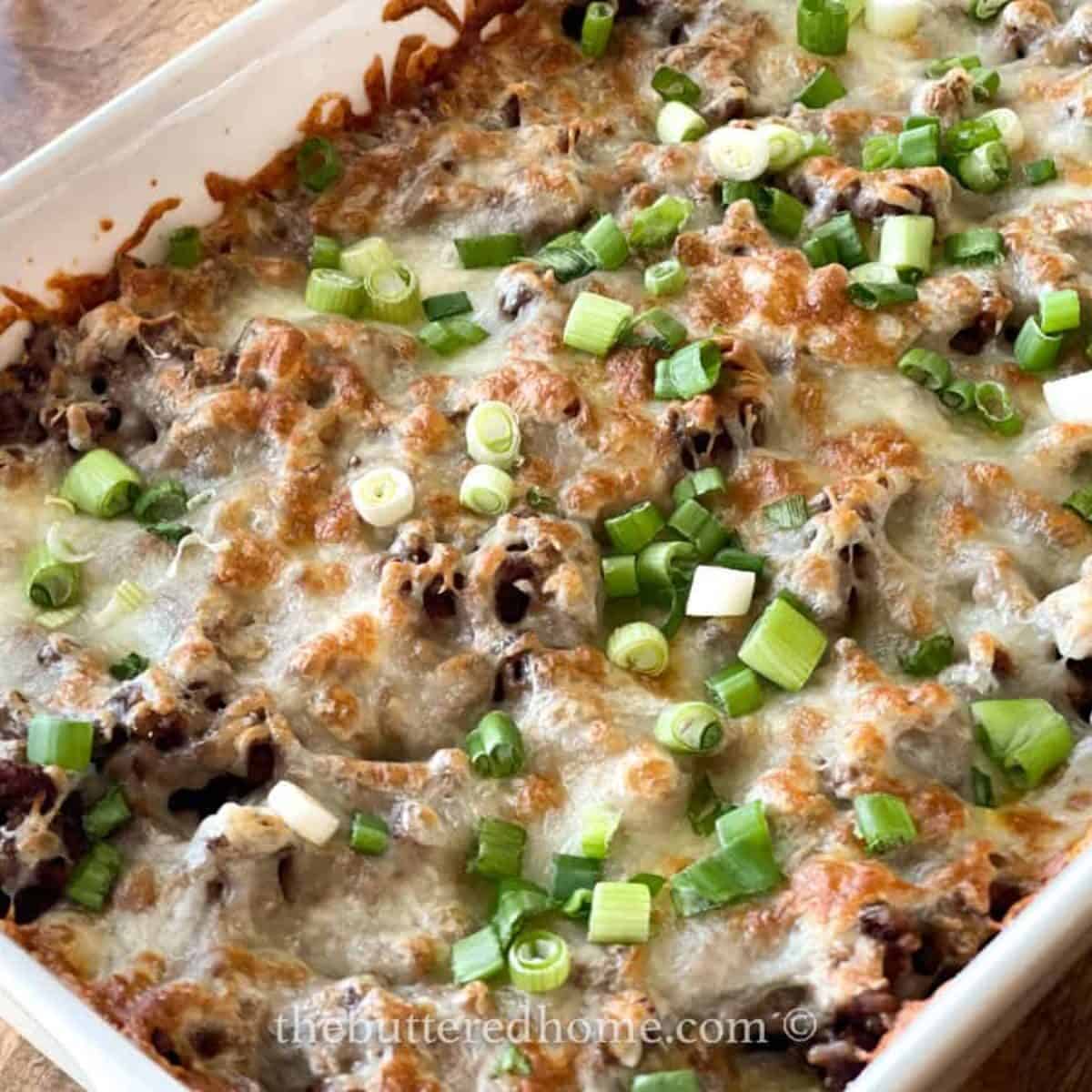casserole pan full of skinny taco squash casserole.