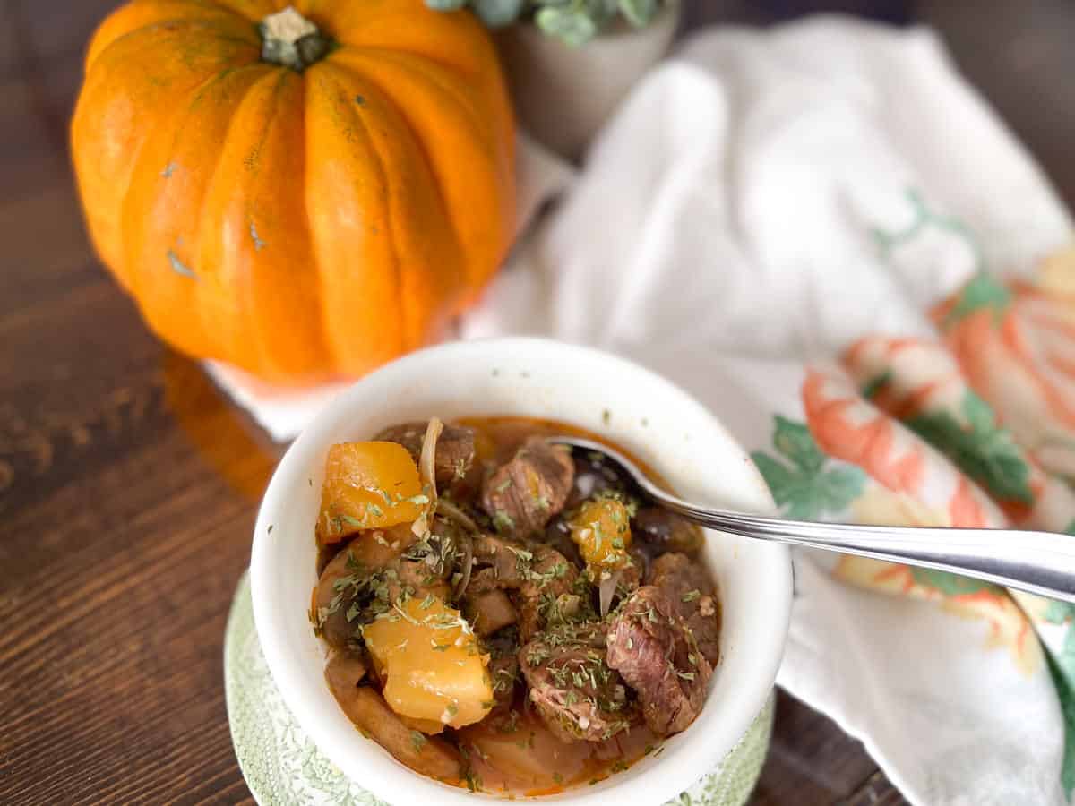 Beef stew in a white bowl with a pumpkin in the background.
