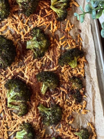 Sheet pan of broccoli chips. Feature image.