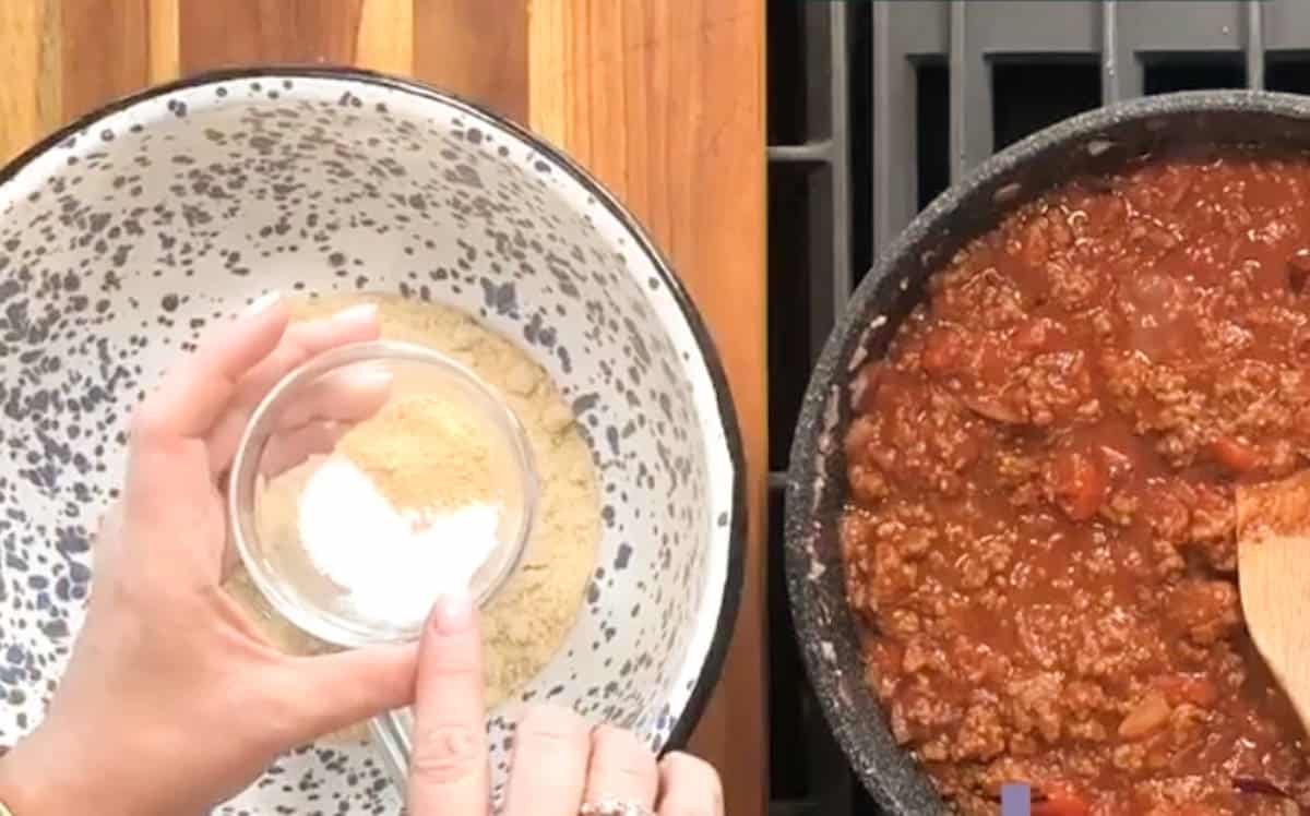 Adding baking powder and salt.