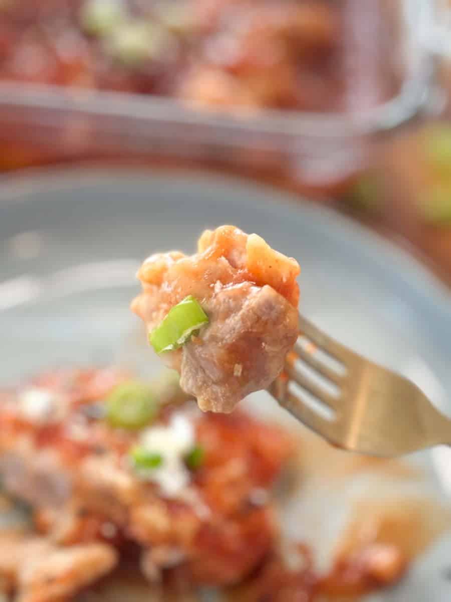 A piece of food is speared on a fork in focus, with a dish of stewed or sauced meat in the blurry background that includes garnishes like chopped green onions.
