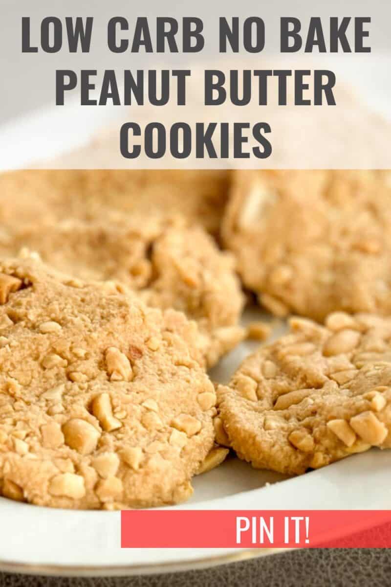 A plate of low carb no-bake peanut butter cookies with a "pin it!" button for social media sharing.