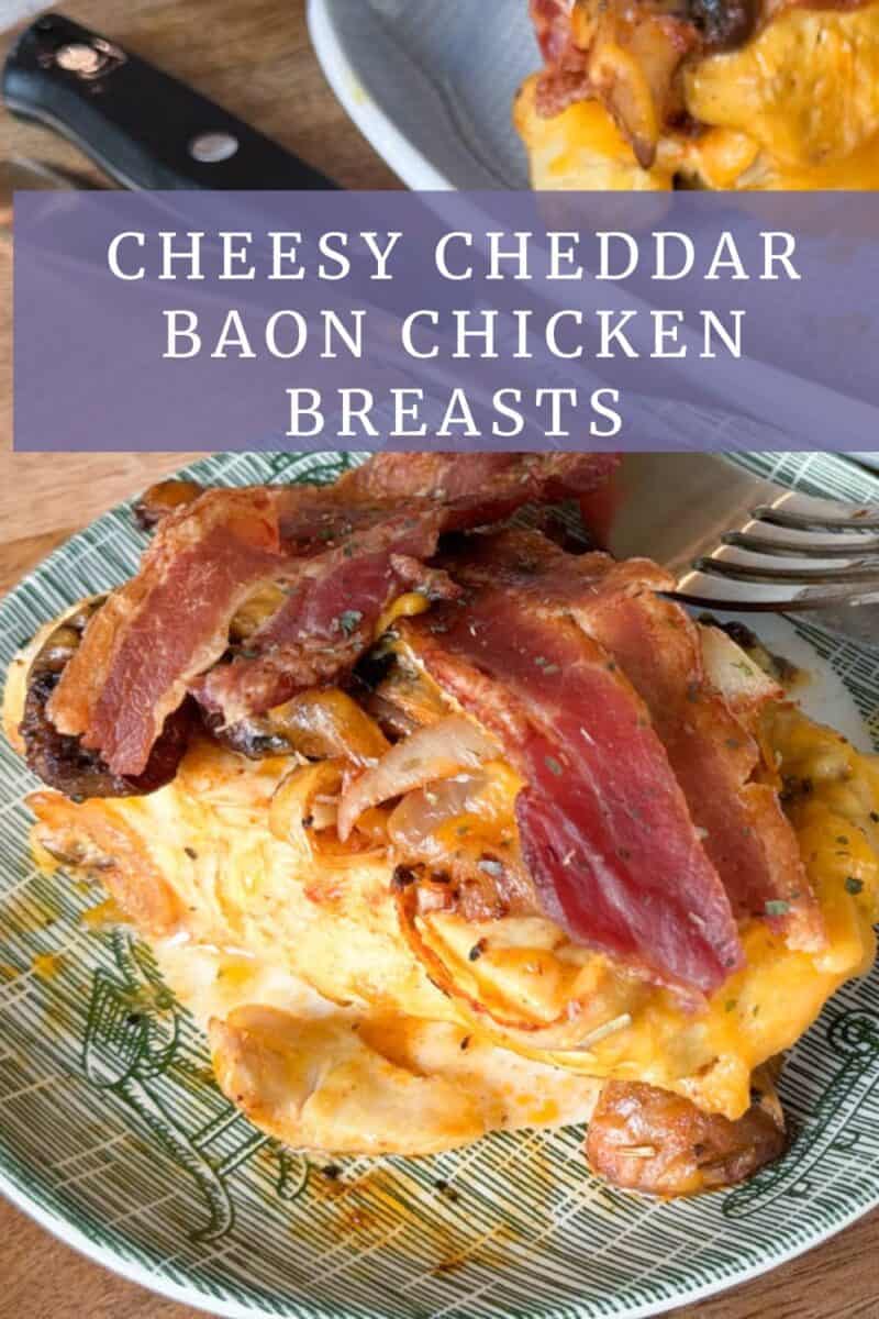 A plate of cheesy cheddar and bacon chicken breasts, topped with crispy bacon slices and melted cheese, is displayed. A fork rests beside the dish on the green-patterned plate. The text "Cheesy Cheddar Bacon Chicken Breasts" is on a purple banner at the top.