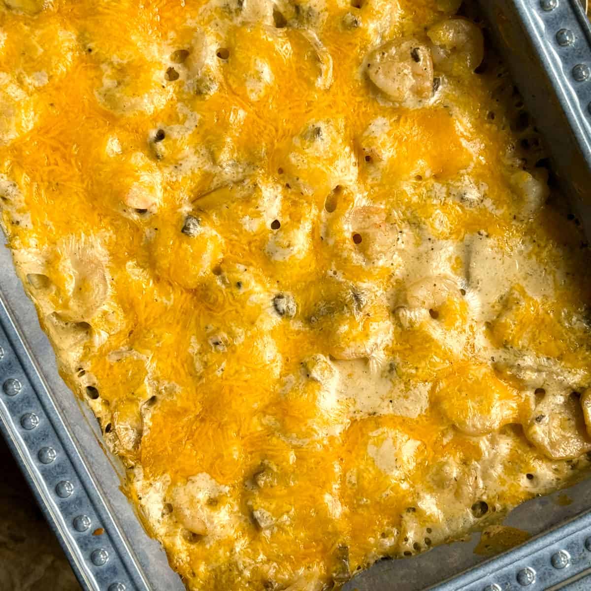 A baking dish filled with a baked casserole topped with a golden layer of melted cheese. The casserole appears to have a creamy base with visible pieces of pasta and other ingredients mixed in. The edges of the dish have a patterned design.
