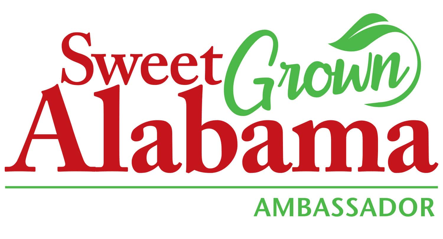 Logo with the text "Sweet Grown Alabama Ambassador." The words "Sweet" and "Alabama" are in red, while "Grown" is in green with a green leaf design integrated into the text.