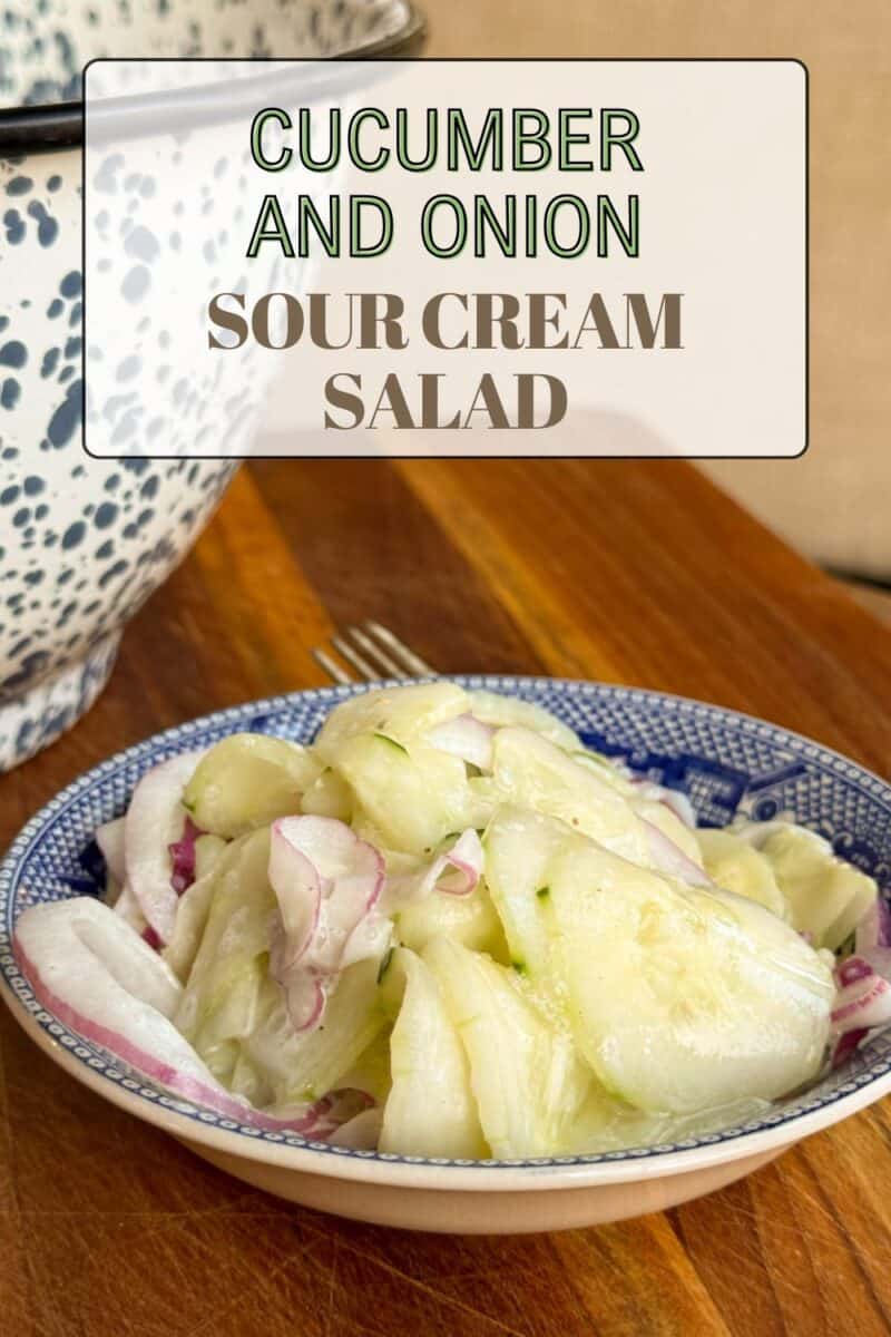 A bowl containing cucumber and onion salad with sour cream, placed on a wooden surface. Behind it, there is a speckled bowl and a fork. Text above reads "Cucumber and Onion Sour Cream Salad.