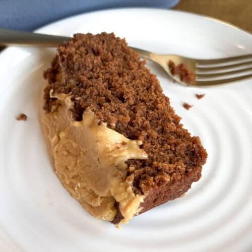 A slice of chocolate cake with peanut butter frosting sits on a white plate next to a fork. The cake appears moist and is partially eaten, with crumbs scattered on the plate.