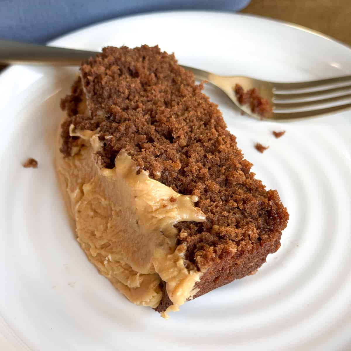 A slice of chocolate cake with peanut butter frosting sits on a white plate next to a fork. The cake appears moist and is partially eaten, with crumbs scattered on the plate.