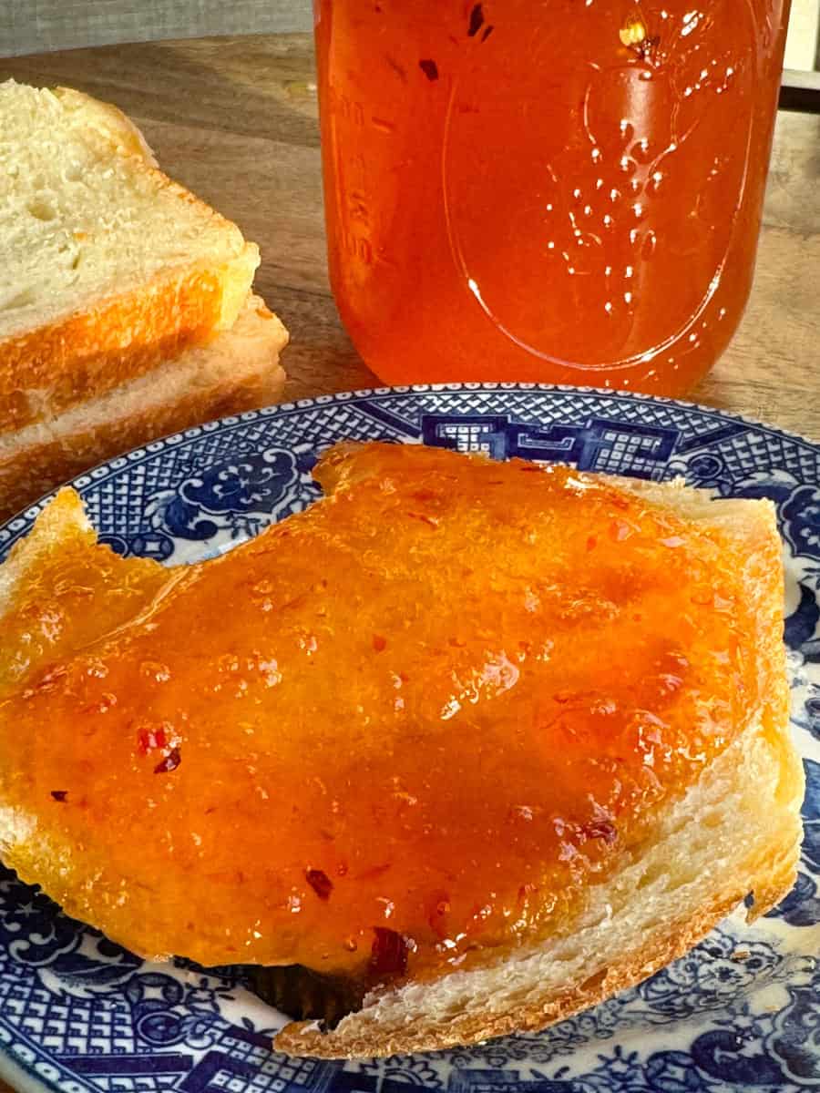 A slice of bread spread with orange marmalade on a blue and white plate. A jar filled with the same orange marmalade is in the background, and another slice of bread is partially visible.