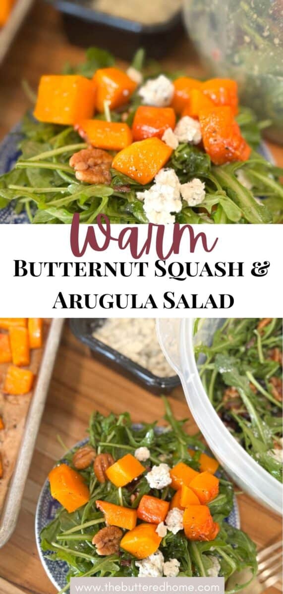 Overhead view of a salad made with arugula, roasted butternut squash, crumbled feta cheese, and pecans. The salad is displayed on a wooden surface, and a large bowl of salad is shown beside a smaller serving on a blue plate.