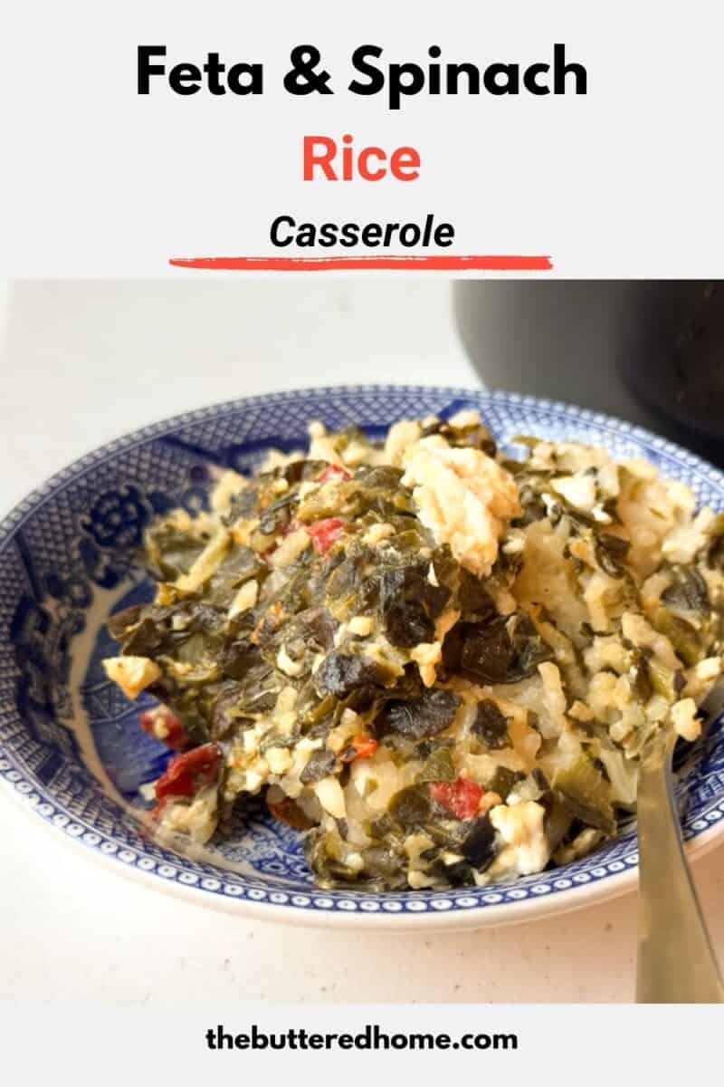 A blue and white bowl filled with a mixture of rice, spinach, and feta cheese, shown up close. A silver spoon rests inside. The top of the image has text: "Feta & Spinach Rice Casserole." A website URL is at the bottom.