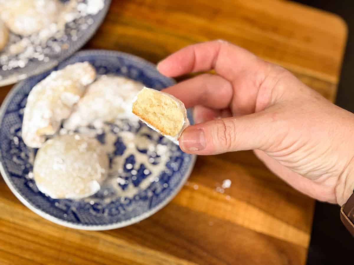 A hand holds a half-eaten powdered sugar cookie above a blue patterned plate with more cookies, all dusted with powdered sugar, on a wooden surface.