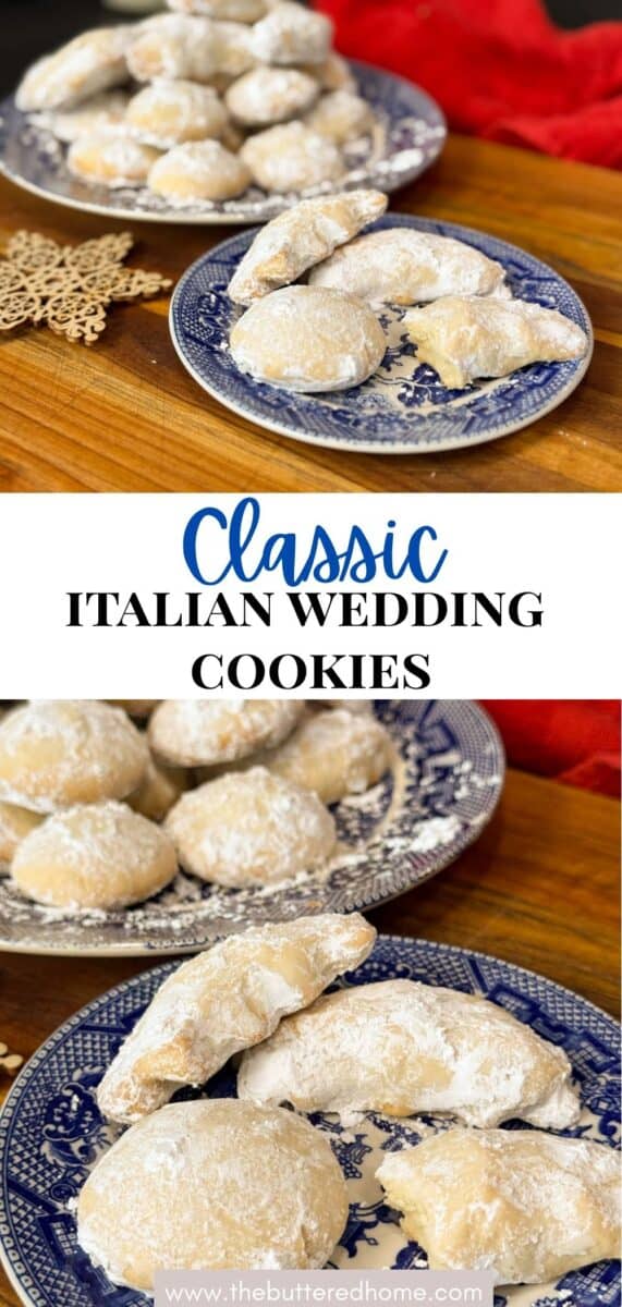 Several blue and white patterned plates display Italian wedding cookies coated in powdered sugar. The cookies are round and crescent-shaped. A red cloth and decorative snowflake accent are nearby on a wooden surface.