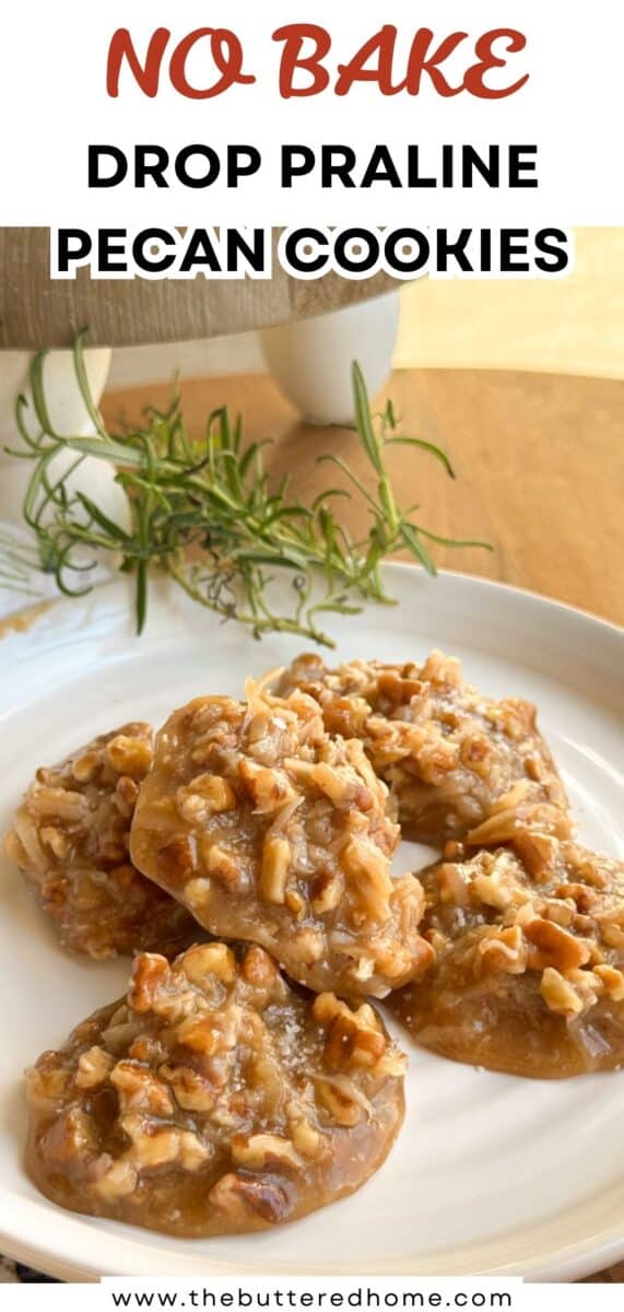 A white plate holds five no-bake praline pecan cookies on a wooden table. Behind the plate, a plant in a pot and a sprig of rosemary are visible. Text above reads “NO BAKE DROP PRALINE PECAN COOKIES.”.