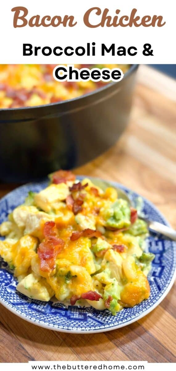 A plate of bacon chicken broccoli mac and cheese sits on a blue and white patterned dish in front of a large black pot, with melted cheese and bacon pieces visible on top.