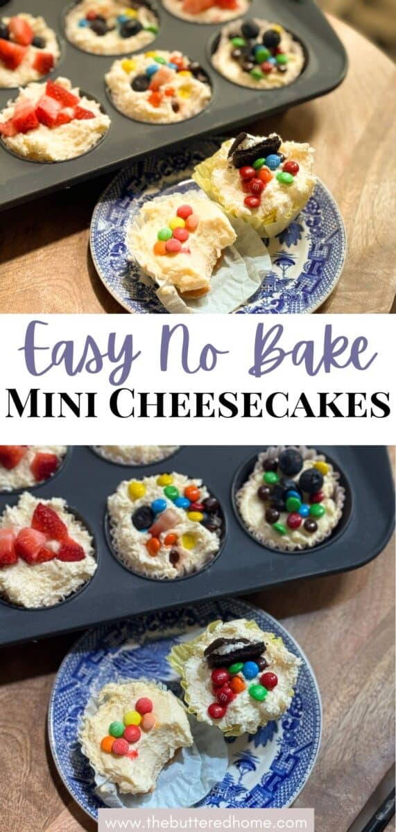 A muffin tin with mini cheesecakes topped with fruit and candies sits on a counter. Below, a blue plate holds two mini cheesecakes with colorful toppings. The text reads “Easy No Bake Mini Cheesecakes.”.