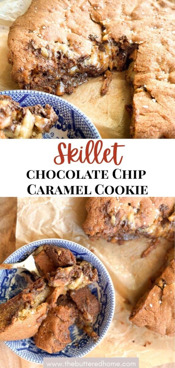 A large chocolate chip caramel cookie in a skillet, partially sliced. Some slices are served on a blue and white plate. The cookie appears golden brown with visible chocolate and caramel pieces.